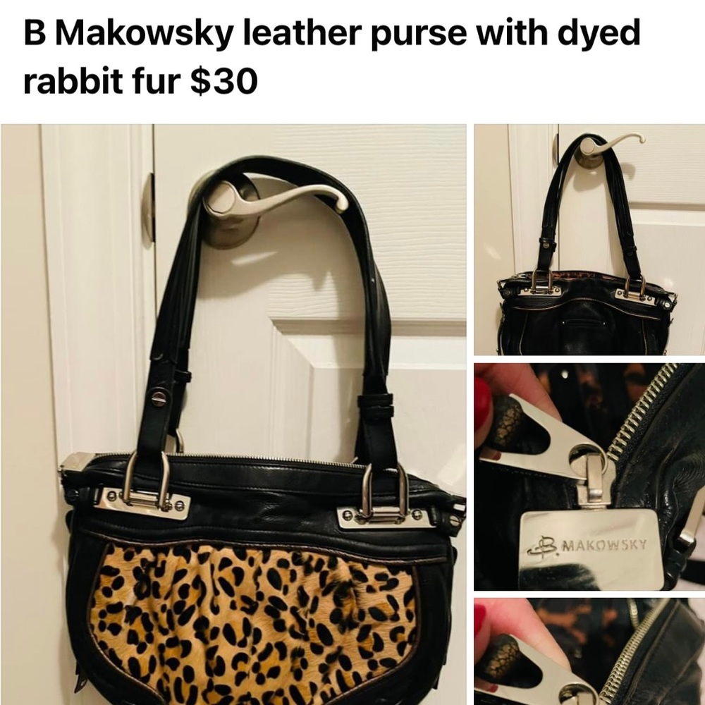 Great purse (used) with minimal wear and tear. Real leather w/ rabbit fur.